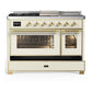 ILVE Majestic III 48-Inch Dual Fuel Range with 5 Sealed Burners + Griddle + French Top, 5.02 cu. ft. Oven, Antique White with Brass Trim, Natural Gas, Triple Glass Door, UM48FSNR3AWG