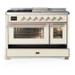 ILVE Majestic III 48-Inch Dual Fuel Range with 5 Sealed Burners + Griddle + French Top, 5.02 cu. ft. Oven, Antique White with Copper Trim, Liquid Propane, Triple Glass Door, UM48FSNR3AWPLP