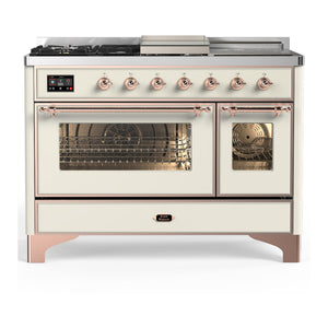 ILVE Majestic III 48-Inch Dual Fuel Range with 5 Sealed Burners + Griddle + French Top, 5.02 cu. ft. Oven, Antique White with Copper Trim, Liquid Propane, Triple Glass Door, UM48FSNR3AWPLP