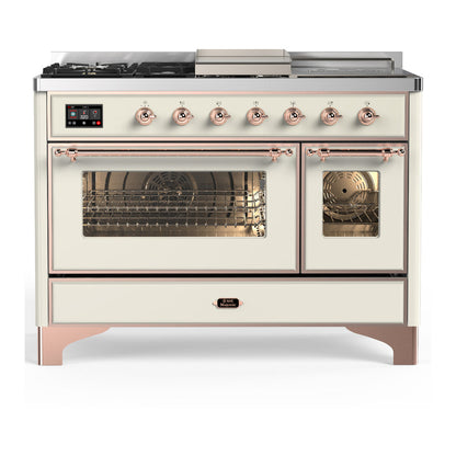 ILVE Majestic III 48-Inch Dual Fuel Range with 5 Sealed Burners + Griddle + French Top, 5.02 cu. ft. Oven, Antique White with Copper Trim, Liquid Propane, Triple Glass Door, UM48FSNR3AWPLP