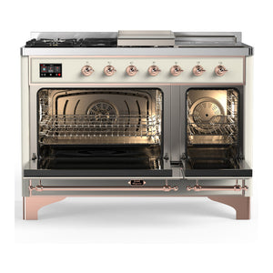 ILVE Majestic III 48-Inch Dual Fuel Range with 5 Sealed Burners + Griddle + French Top, 5.02 cu. ft. Oven, Antique White with Copper Trim, Natural Gas, Triple Glass Door, UM48FSNR3AWP