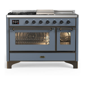 ILVE Majestic III 48-Inch Dual Fuel Range with 5 Sealed Burners + Griddle + French Top, 5.02 cu. ft. Oven, Blue Grey with Burnished Trim, Liquid Propane, Triple Glass Door, UM48FSNR3BGBLP