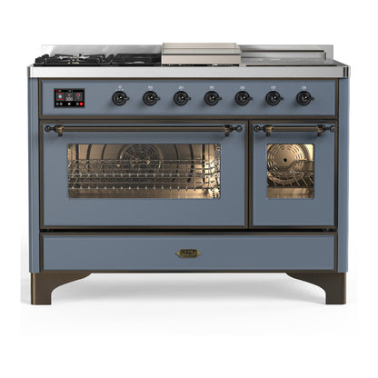 ILVE Majestic III 48-Inch Dual Fuel Range with 5 Sealed Burners + Griddle + French Top, 5.02 cu. ft. Oven, Blue Grey with Burnished Trim, Liquid Propane, Triple Glass Door, UM48FSNR3BGBLP