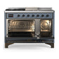 ILVE Majestic III 48-Inch Dual Fuel Range with 5 Sealed Burners + Griddle + French Top, 5.02 cu. ft. Oven, Blue Grey with Burnished Trim, Liquid Propane, Triple Glass Door, UM48FSNR3BGBLP