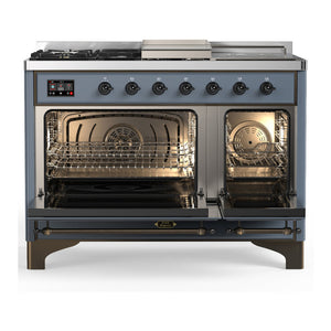 ILVE Majestic III 48-Inch Dual Fuel Range with 5 Sealed Burners + Griddle + French Top, 5.02 cu. ft. Oven, Blue Grey with Burnished Trim, Liquid Propane, Triple Glass Door, UM48FSNR3BGBLP