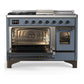 ILVE Majestic III 48-Inch Dual Fuel Range with 5 Sealed Burners + Griddle + French Top, 5.02 cu. ft. Oven, Blue Grey with Burnished Trim, Liquid Propane, Triple Glass Door, UM48FSNR3BGBLP