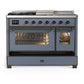 ILVE Majestic III 48-Inch Dual Fuel Range with 5 Sealed Burners + Griddle + French Top, 5.02 cu. ft. Oven, Blue Grey with Burnished Trim, Liquid Propane, Triple Glass Door, UM48FSNR3BGBLP