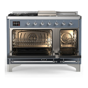ILVE Majestic III 48-Inch Dual Fuel Range with 5 Sealed Burners + Griddle + French Top, 5.02 cu. ft. Oven, Blue Grey with Chrome Trim, Natural Gas, Triple Glass Door, UM48FSNR3BGC
