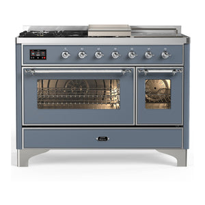 ILVE Majestic III 48-Inch Dual Fuel Range with 5 Sealed Burners + Griddle + French Top, 5.02 cu. ft. Oven, Blue Grey with Chrome Trim, Natural Gas, Triple Glass Door, UM48FSNR3BGC