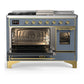 ILVE Majestic III 48-Inch Dual Fuel Range with 5 Sealed Burners + Griddle + French Top, 5.02 cu. ft. Oven, Blue Grey with Brass Trim, Liquid Propane, Triple Glass Door, UM48FSNR3BGGLP