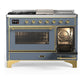 ILVE Majestic III 48-Inch Dual Fuel Range with 5 Sealed Burners + Griddle + French Top, 5.02 cu. ft. Oven, Blue Grey with Brass Trim, Liquid Propane, Triple Glass Door, UM48FSNR3BGGLP