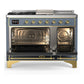 ILVE Majestic III 48-Inch Dual Fuel Range with 5 Sealed Burners + Griddle + French Top, 5.02 cu. ft. Oven, Blue Grey with Brass Trim, Natural Gas, Triple Glass Door, UM48FSNR3BGG