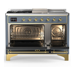 ILVE Majestic III 48-Inch Dual Fuel Range with 5 Sealed Burners + Griddle + French Top, 5.02 cu. ft. Oven, Blue Grey with Brass Trim, Natural Gas, Triple Glass Door, UM48FSNR3BGG