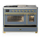ILVE Majestic III 48-Inch Dual Fuel Range with 5 Sealed Burners + Griddle + French Top, 5.02 cu. ft. Oven, Blue Grey with Brass Trim, Natural Gas, Triple Glass Door, UM48FSNR3BGG