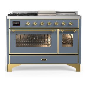 ILVE Majestic III 48-Inch Dual Fuel Range with 5 Sealed Burners + Griddle + French Top, 5.02 cu. ft. Oven, Blue Grey with Brass Trim, Natural Gas, Triple Glass Door, UM48FSNR3BGG