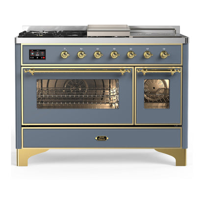 ILVE Majestic III 48-Inch Dual Fuel Range with 5 Sealed Burners + Griddle + French Top, 5.02 cu. ft. Oven, Blue Grey with Brass Trim, Natural Gas, Triple Glass Door, UM48FSNR3BGG