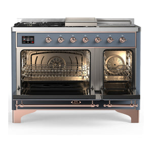 ILVE Majestic III 48-Inch Dual Fuel Range with 5 Sealed Burners + Griddle + French Top, 5.02 cu. ft. Oven, Blue Grey with Copper Trim, Natural Gas, Triple Glass Door, UM48FSNR3BGP