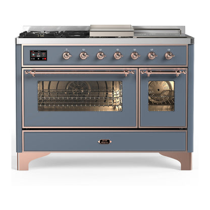 ILVE Majestic III 48-Inch Dual Fuel Range with 5 Sealed Burners + Griddle + French Top, 5.02 cu. ft. Oven, Blue Grey with Copper Trim, Natural Gas, Triple Glass Door, UM48FSNR3BGP