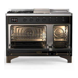 ILVE Majestic III 48-Inch Dual Fuel Range with 5 Sealed Burners + Griddle + French Top, 5.02 cu. ft. Oven, Glossy Black with Burnished Trim, Liquid Propane, Triple Glass Door, UM48FSNR3BKBLP