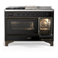 ILVE Majestic III 48-Inch Dual Fuel Range with 5 Sealed Burners + Griddle + French Top, 5.02 cu. ft. Oven, Glossy Black with Burnished Trim, Liquid Propane, Triple Glass Door, UM48FSNR3BKBLP
