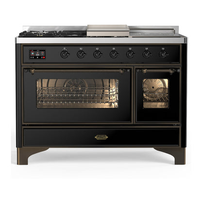 ILVE Majestic III 48-Inch Dual Fuel Range with 5 Sealed Burners + Griddle + French Top, 5.02 cu. ft. Oven, Glossy Black with Burnished Trim, Liquid Propane, Triple Glass Door, UM48FSNR3BKBLP