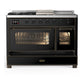 ILVE Majestic III 48-Inch Dual Fuel Range with 5 Sealed Burners + Griddle + French Top, 5.02 cu. ft. Oven, Glossy Black with Burnished Trim, Natural Gas, Triple Glass Door, UM48FSNR3BKB