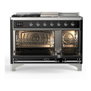ILVE Majestic III 48-Inch Dual Fuel Range with 5 Sealed Burners + Griddle + French Top, 5.02 cu. ft. Oven, Glossy Black with Chrome Trim, Liquid Propane, Triple Glass Door, UM48FSNR3BKCLP