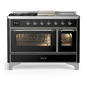 ILVE Majestic III 48-Inch Dual Fuel Range with 5 Sealed Burners + Griddle + French Top, 5.02 cu. ft. Oven, Glossy Black with Chrome Trim, Liquid Propane, Triple Glass Door, UM48FSNR3BKCLP