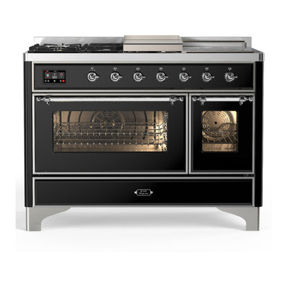 ILVE Majestic III 48-Inch Dual Fuel Range with 5 Sealed Burners + Griddle + French Top, 5.02 cu. ft. Oven, Glossy Black with Chrome Trim, Liquid Propane, Triple Glass Door, UM48FSNR3BKCLP