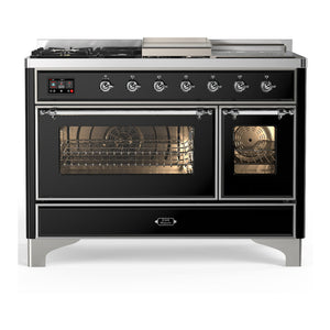 ILVE Majestic III 48-Inch Dual Fuel Range with 5 Sealed Burners + Griddle + French Top, 5.02 cu. ft. Oven, Glossy Black with Chrome Trim, Natural Gas, Triple Glass Door, UM48FSNR3BKC