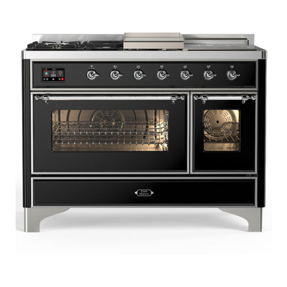 ILVE Majestic III 48-Inch Dual Fuel Range with 5 Sealed Burners + Griddle + French Top, 5.02 cu. ft. Oven, Glossy Black with Chrome Trim, Natural Gas, Triple Glass Door, UM48FSNR3BKC