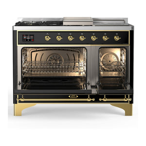 ILVE Majestic III 48-Inch Dual Fuel Range with 5 Sealed Burners + Griddle + French Top, 5.02 cu. ft. Oven, Glossy Black with Brass Trim, Liquid Propane, Triple Glass Door, UM48FSNR3BKGLP