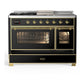 ILVE Majestic III 48-Inch Dual Fuel Range with 5 Sealed Burners + Griddle + French Top, 5.02 cu. ft. Oven, Glossy Black with Brass Trim, Liquid Propane, Triple Glass Door, UM48FSNR3BKGLP