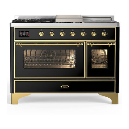 ILVE Majestic III 48-Inch Dual Fuel Range with 5 Sealed Burners + Griddle + French Top, 5.02 cu. ft. Oven, Glossy Black with Brass Trim, Liquid Propane, Triple Glass Door, UM48FSNR3BKGLP
