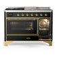 ILVE Majestic III 48-Inch Dual Fuel Range with 5 Sealed Burners + Griddle + French Top, 5.02 cu. ft. Oven, Glossy Black with Brass Trim, Natural Gas, Triple Glass Door, UM48FSNR3BKG