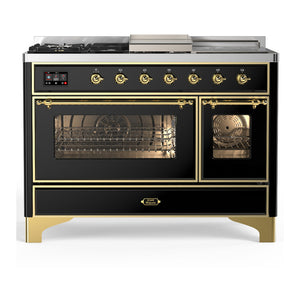 ILVE Majestic III 48-Inch Dual Fuel Range with 5 Sealed Burners + Griddle + French Top, 5.02 cu. ft. Oven, Glossy Black with Brass Trim, Natural Gas, Triple Glass Door, UM48FSNR3BKG