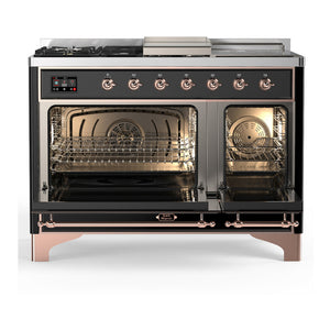 ILVE Majestic III 48-Inch Dual Fuel Range with 5 Sealed Burners + Griddle + French Top, 5.02 cu. ft. Oven, Glossy Black with Copper Trim, Liquid Propane, Triple Glass Door, UM48FSNR3BKPLP