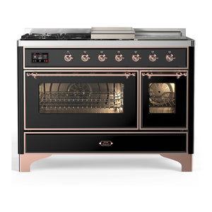 ILVE Majestic III 48-Inch Dual Fuel Range with 5 Sealed Burners + Griddle + French Top, 5.02 cu. ft. Oven, Glossy Black with Copper Trim, Liquid Propane, Triple Glass Door, UM48FSNR3BKPLP