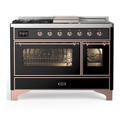 ILVE Majestic III 48-Inch Dual Fuel Range with 5 Sealed Burners + Griddle + French Top, 5.02 cu. ft. Oven, Glossy Black with Copper Trim, Liquid Propane, Triple Glass Door, UM48FSNR3BKPLP