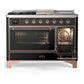 ILVE Majestic III 48-Inch Dual Fuel Range with 5 Sealed Burners + Griddle + French Top, 5.02 cu. ft. Oven, Glossy Black with Copper Trim, Natural Gas, Triple Glass Door, UM48FSNR3BKP