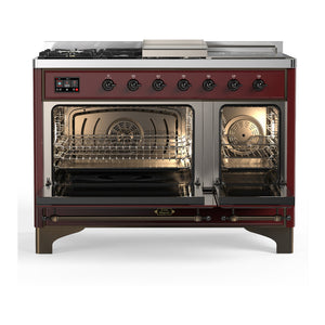 ILVE Majestic III 48-Inch Dual Fuel Range with 5 Sealed Burners + Griddle + French Top, 5.02 cu. ft. Oven, Burgundy with Burnished Trim, Liquid Propane, Triple Glass Door, UM48FSNR3BUBLP
