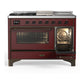 ILVE Majestic III 48-Inch Dual Fuel Range with 5 Sealed Burners + Griddle + French Top, 5.02 cu. ft. Oven, Burgundy with Burnished Trim, Liquid Propane, Triple Glass Door, UM48FSNR3BUBLP