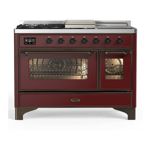 ILVE Majestic III 48-Inch Dual Fuel Range with 5 Sealed Burners + Griddle + French Top, 5.02 cu. ft. Oven, Burgundy with Burnished Trim, Liquid Propane, Triple Glass Door, UM48FSNR3BUBLP