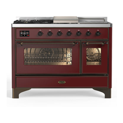 ILVE Majestic III 48-Inch Dual Fuel Range with 5 Sealed Burners + Griddle + French Top, 5.02 cu. ft. Oven, Burgundy with Burnished Trim, Natural Gas, Triple Glass Door, UM48FSNR3BUB