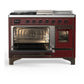 ILVE Majestic III 48-Inch Dual Fuel Range with 5 Sealed Burners + Griddle + French Top, 5.02 cu. ft. Oven, Burgundy with Burnished Trim, Natural Gas, Triple Glass Door, UM48FSNR3BUB