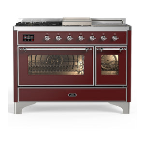 ILVE Majestic III 48-Inch Dual Fuel Range with 5 Sealed Burners + Griddle + French Top, 5.02 cu. ft. Oven, Burgundy with Chrome Trim, Liquid Propane, Triple Glass Door, UM48FSNR3BUCLP