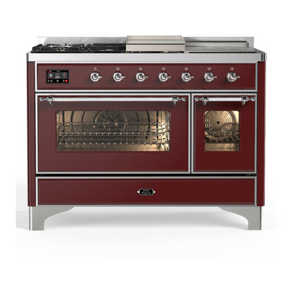 ILVE Majestic III 48-Inch Dual Fuel Range with 5 Sealed Burners + Griddle + French Top, 5.02 cu. ft. Oven, Burgundy with Chrome Trim, Liquid Propane, Triple Glass Door, UM48FSNR3BUCLP
