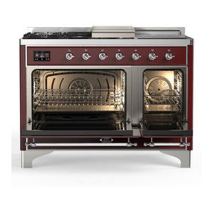 ILVE Majestic III 48-Inch Dual Fuel Range with 5 Sealed Burners + Griddle + French Top, 5.02 cu. ft. Oven, Burgundy with Chrome Trim, Natural Gas, Triple Glass Door, UM48FSNR3BUC