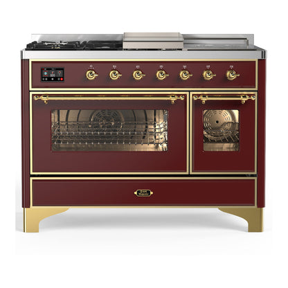 ILVE Majestic III 48-Inch Dual Fuel Range with 5 Sealed Burners + Griddle + French Top, 5.02 cu. ft. Oven, Burgundy with Brass Trim, Liquid Propane, Triple Glass Door, UM48FSNR3BUGLP