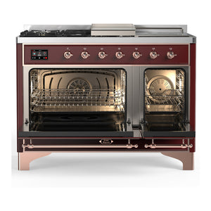 ILVE Majestic III 48-Inch Dual Fuel Range with 5 Sealed Burners + Griddle + French Top, 5.02 cu. ft. Oven, Burgundy with Copper Trim, Liquid Propane, Triple Glass Door, UM48FSNR3BUPLP